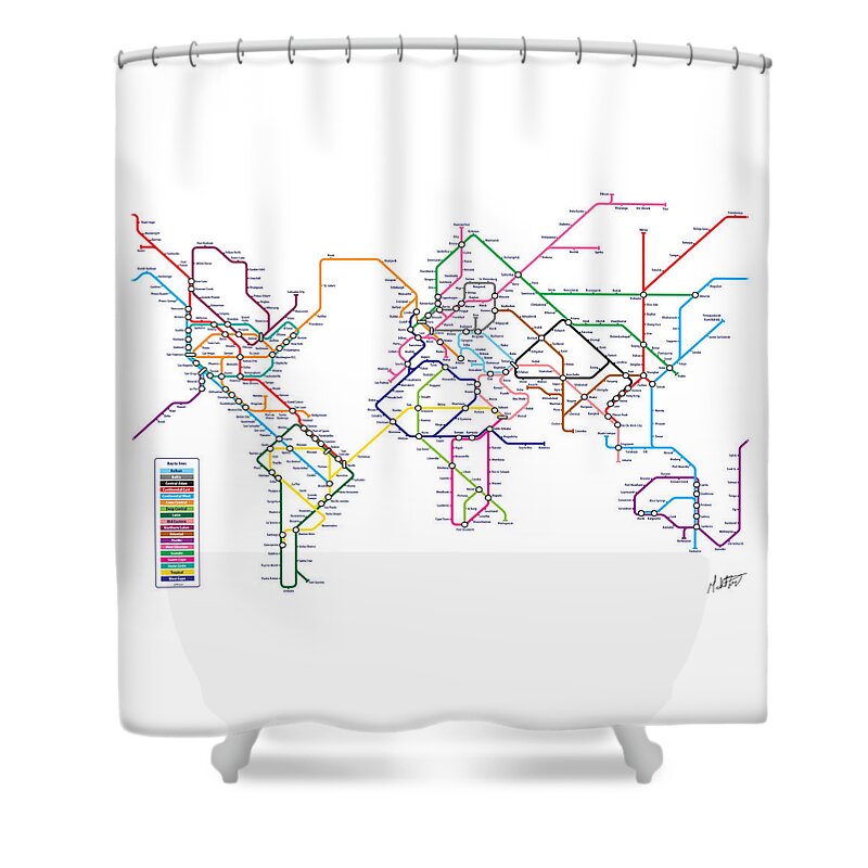 World Map Shower Curtain featuring the digital art World Metro Tube Subway Map by Michael Tompsett
