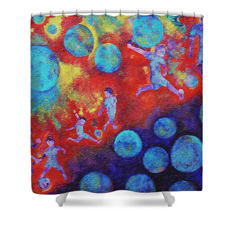 Soccer Shower Curtain featuring the painting World Soccer Dreams by Claire Bull