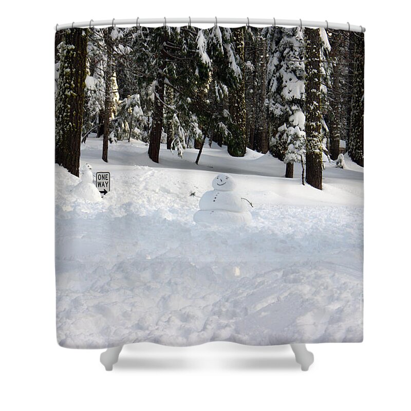 Snowman Shower Curtain featuring the photograph Wrong way snowman by Christine Jepsen