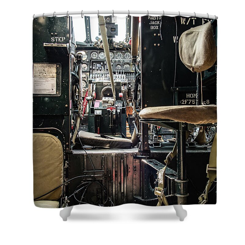 This Is A Photograph Of The Cockpit Of A World War Ii Era Bomber From The United States. It Is Shot From Inside The Fuselage. Shower Curtain featuring the photograph WWII B-24J Liberator Bomber Cockpit by Artful Imagery
