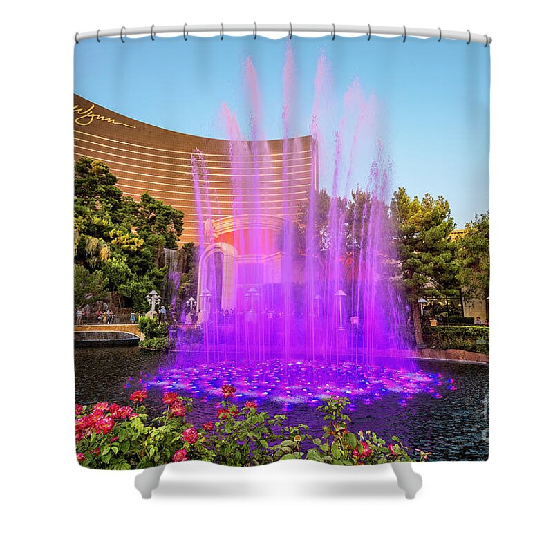 Wynn Casino Fountain Show Shower Curtain featuring the photograph Wynn Casino Fountains Purple Burst in the Afternoon by Aloha Art