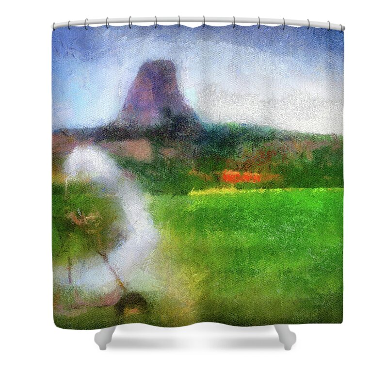 National Monument Shower Curtain featuring the photograph Wyoming August Farming Watering The Fields By Devils Tower PA 03 by Thomas Woolworth