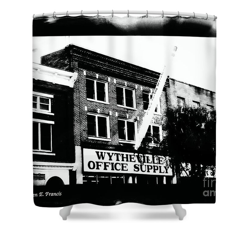 Digital Art Shower Curtain featuring the digital art Wytheville Office Supply BW by Karen Francis