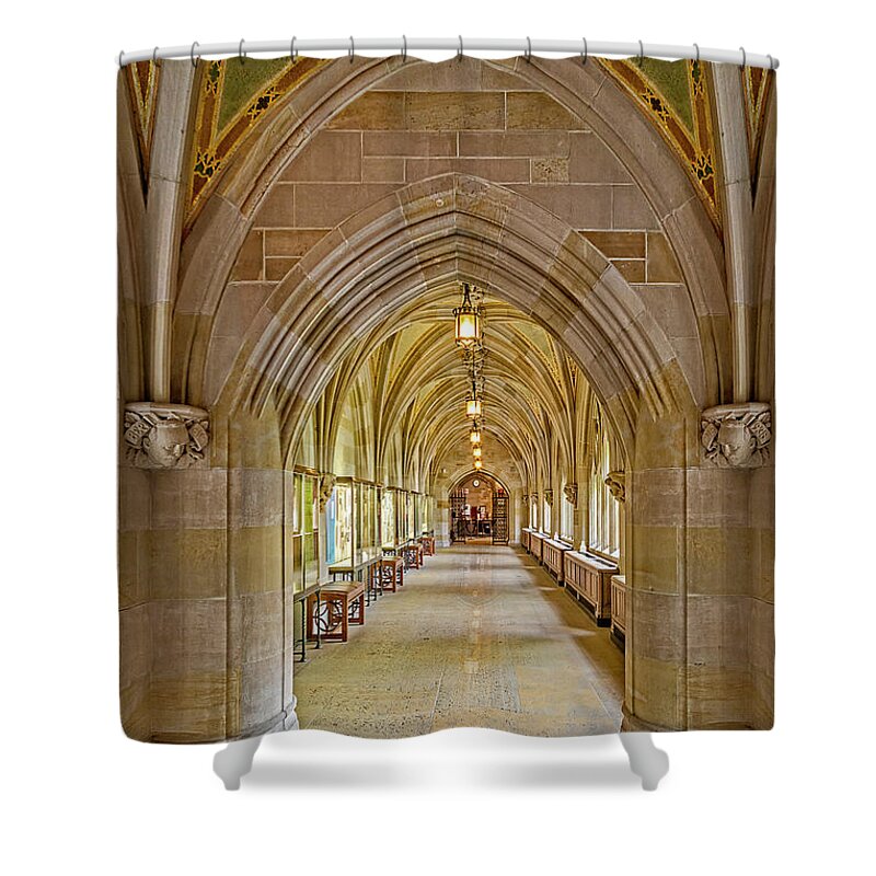 Yale University Shower Curtain featuring the photograph Yale University Cloister Hallway by Susan Candelario