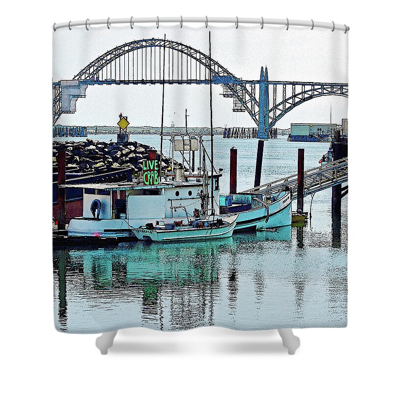 Yaquina Bay Shower Curtain featuring the digital art Yaquina Bay LIVE CRAB by Gary Olsen-Hasek