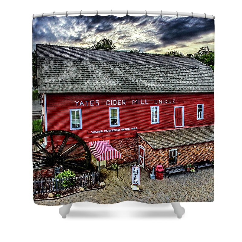 Rochester Shower Curtain featuring the digital art Yates Cider Mill DJI_0072 by Michael Thomas