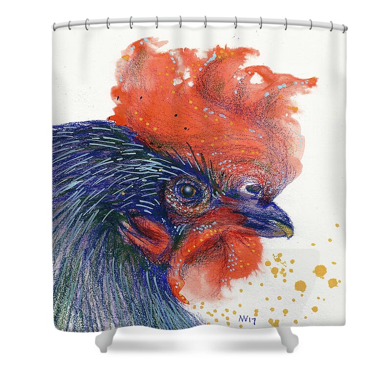 Rooster Shower Curtain featuring the mixed media Year of the Rooster by AnneMarie Welsh