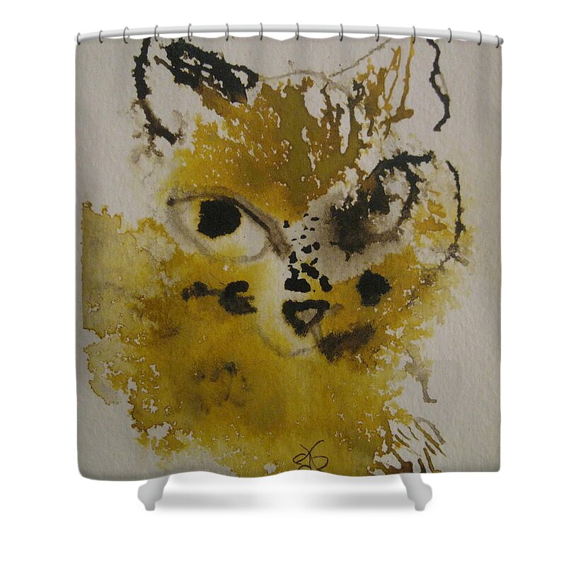 Yellow Shower Curtain featuring the drawing Yellow And Brown Cat by AJ Brown