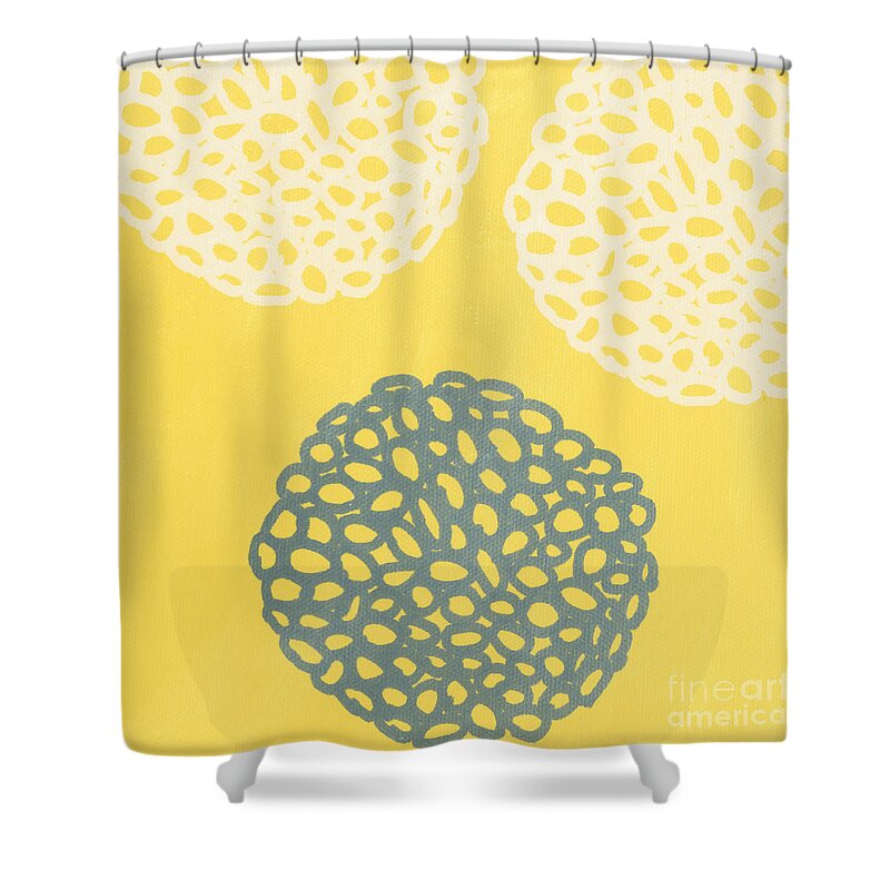 Yellow Shower Curtain featuring the painting Yellow and Gray Garden Bloom by Linda Woods