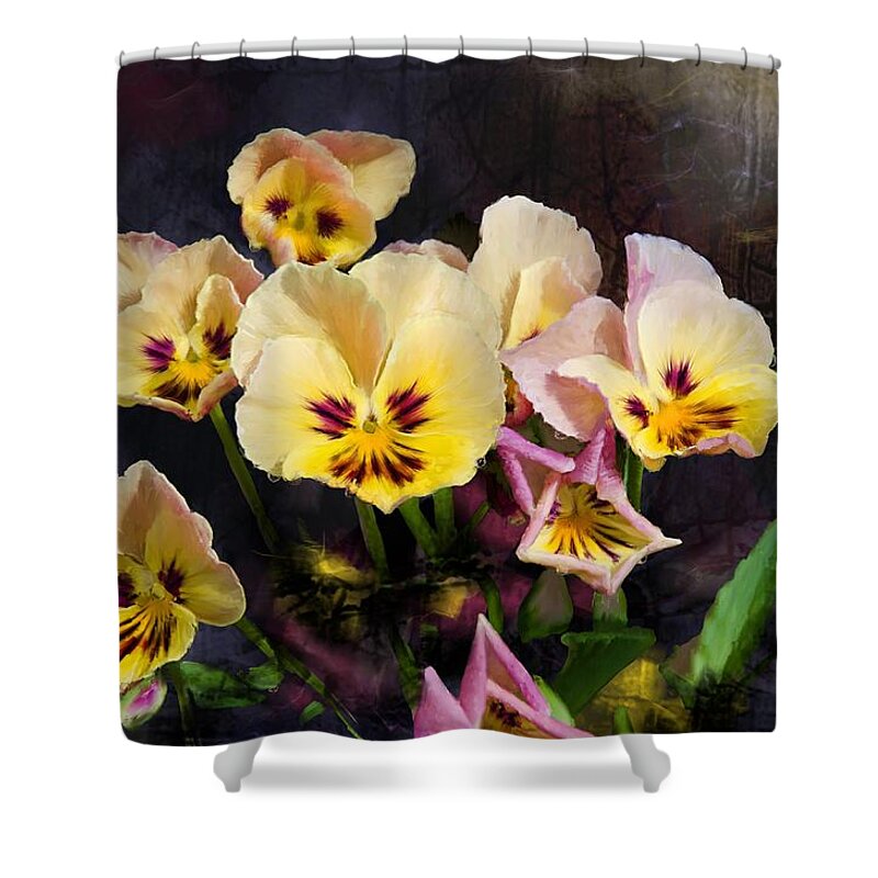 Beautiful Shower Curtain featuring the digital art Yellow and Pink Pansies by Debra Baldwin