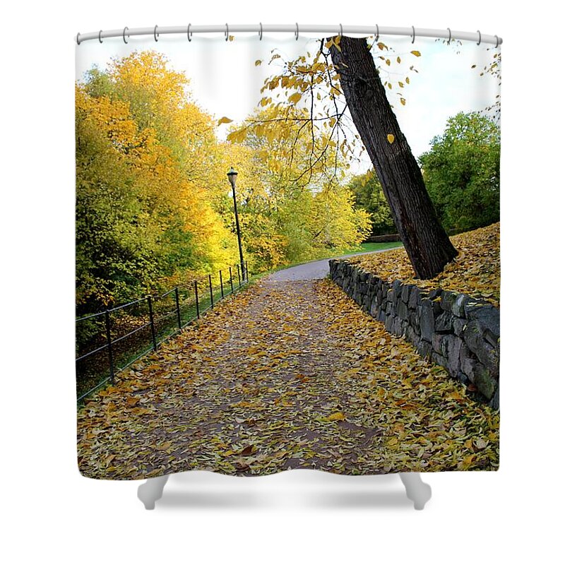 Park Trees Leafs Tree Walkway Yellow Orange Burnt Sky White Black Brown Nature Grey Beige Colorful Beautiful Beauty Pretty Fabulous Good Bright Daylight Peaceful Orange Red Norway Scandinavia Europe Outdoors Nature Landscape View Scandinavian European Frognerparken Oslo Norge Hiking City Town Stonework Rock Rocks Plant Grass Vegetation Plants Shower Curtain featuring the digital art Yellow Autumn by Jeanette Rode Dybdahl