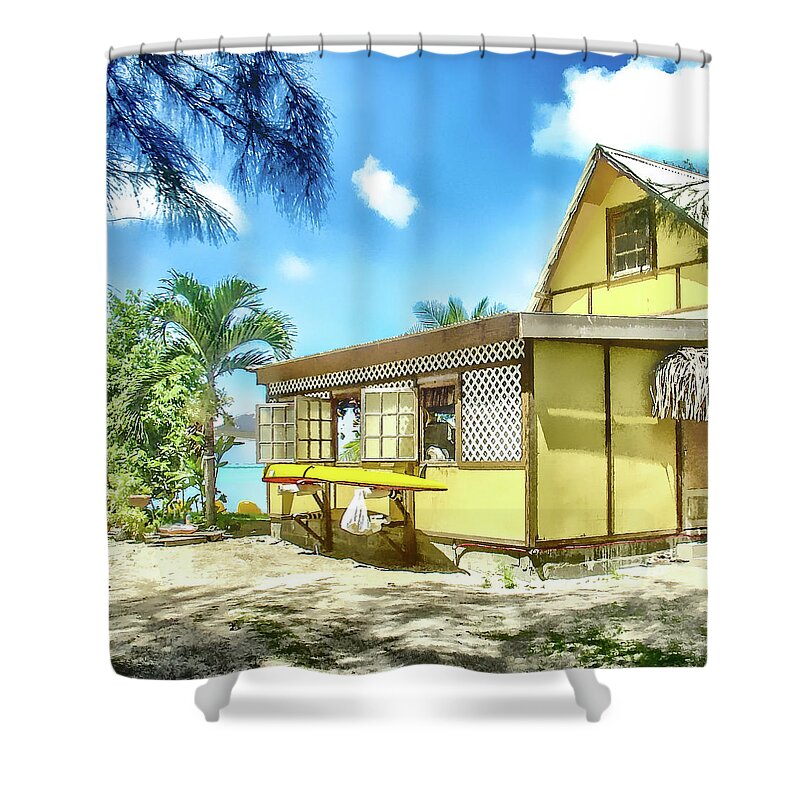 Bora Bora Shower Curtain featuring the photograph Yellow Beach Bungalow Bora Bora by Julie Palencia