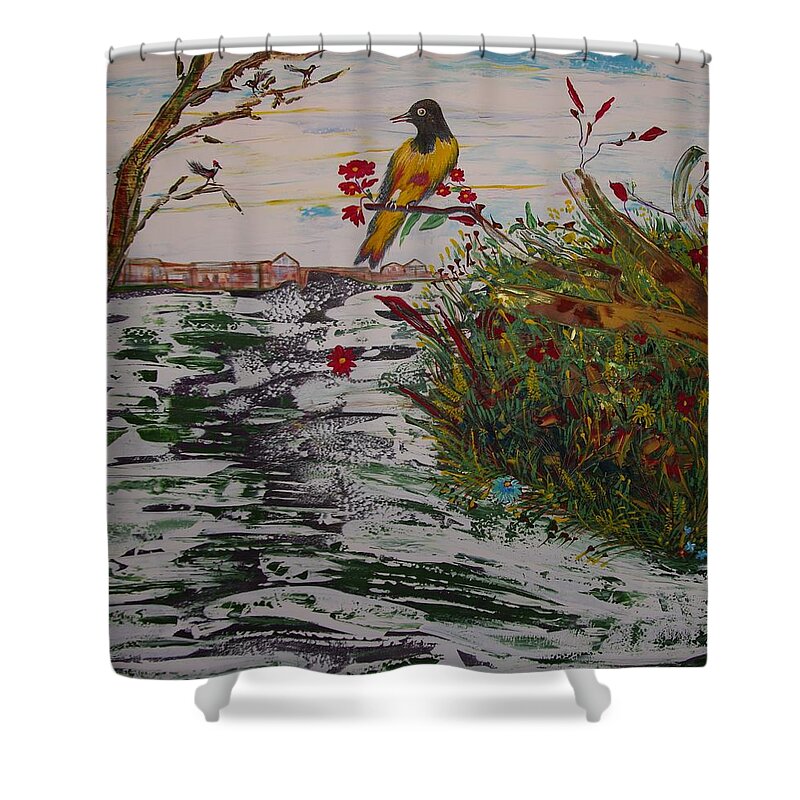 Bird Shower Curtain featuring the painting Yellow Bird by Sima Amid Wewetzer