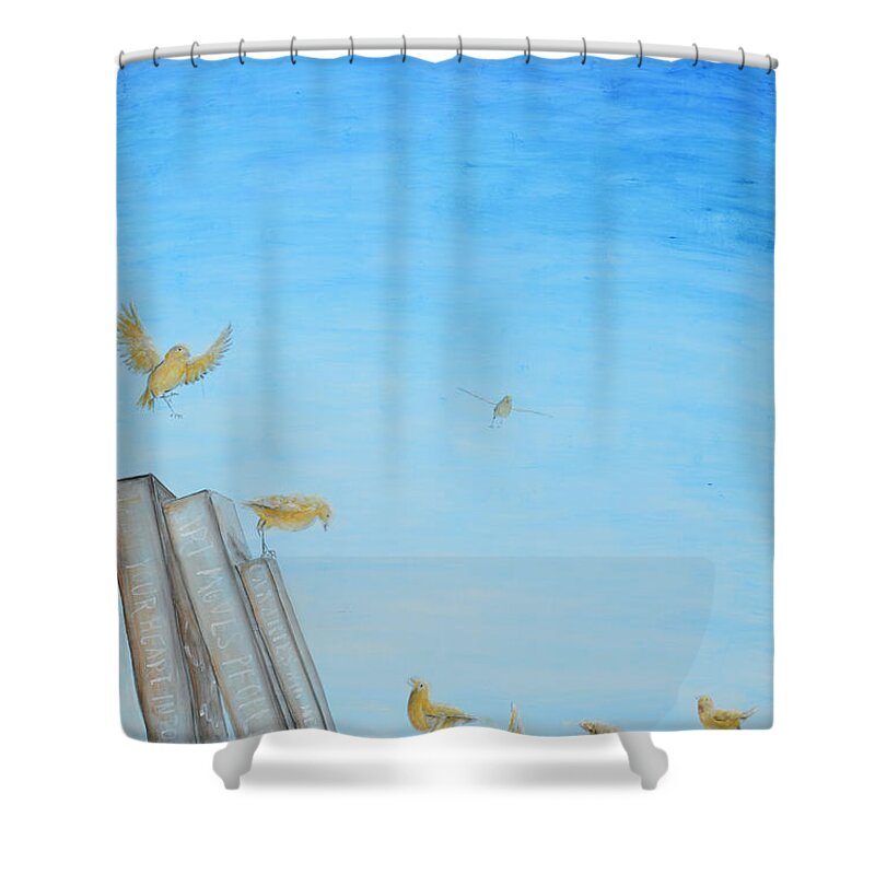 Canaries Shower Curtain featuring the painting Yellow Birds in the Blue3 by Nik Helbig