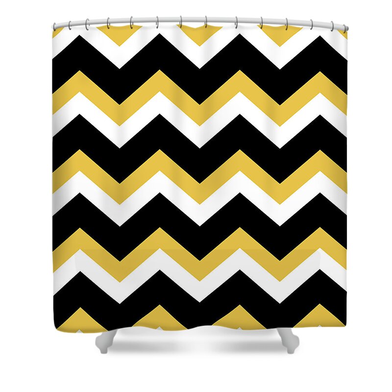Chevron Pattern Shower Curtain featuring the mixed media Yellow and Black Chevron Pattern by Christina Rollo