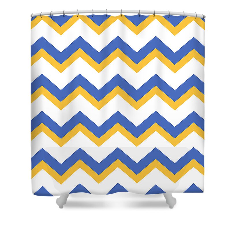 Chevron Shower Curtain featuring the mixed media Yellow Blue Chevron Pattern by Christina Rollo