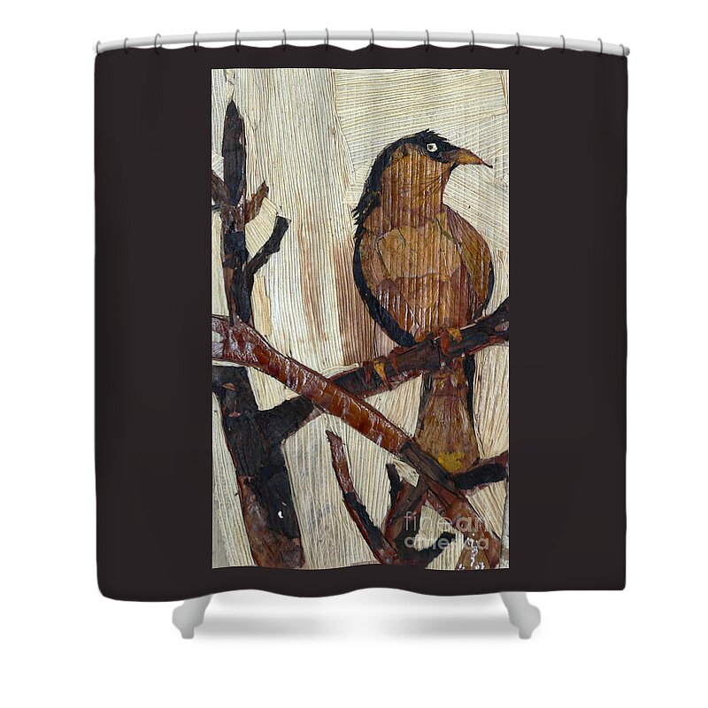 Yellow Bird Shower Curtain featuring the mixed media Yellow Brown Bird by Basant Soni