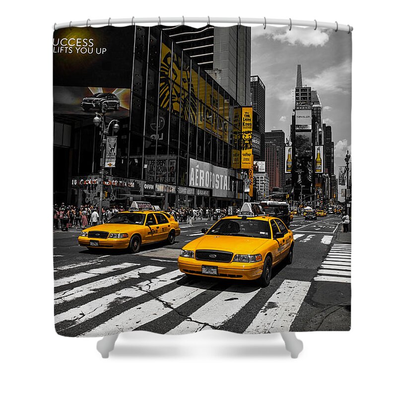 Manhattan Shower Curtain featuring the photograph Yellow Cabs cruisin on the Times Square by Hannes Cmarits