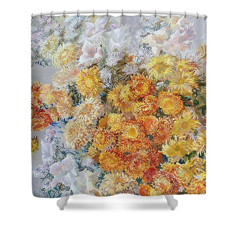 Maya Gusarina Shower Curtain featuring the painting Yellow Chrysanthemum by Maya Gusarina