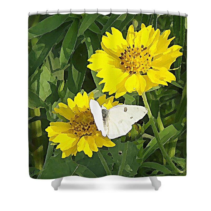 Flowers Shower Curtain featuring the digital art Yellow Cow Pen Daisies with White Butterfly by Shelli Fitzpatrick