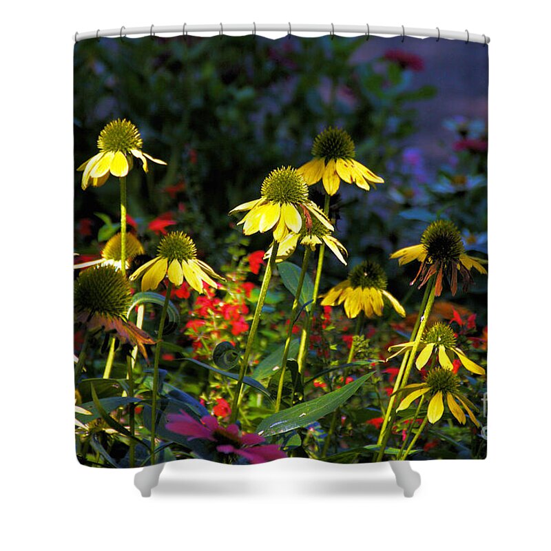  Shower Curtain featuring the photograph Yellow Daisies and other small red flowers by David Frederick