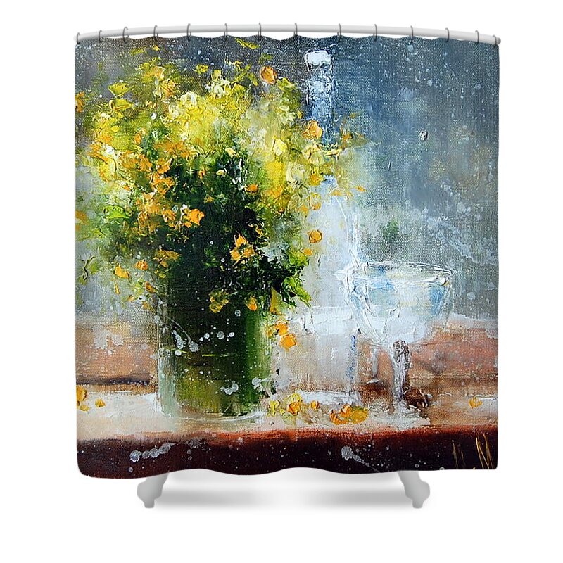 Russian Artists New Wave Shower Curtain featuring the painting Yellow Flowers by Igor Medvedev