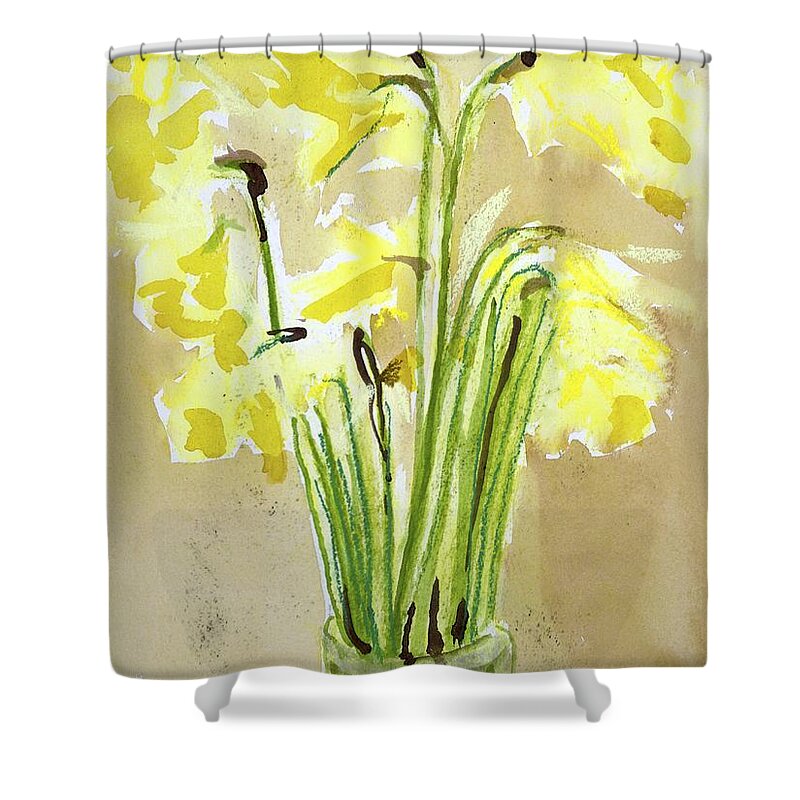  Shower Curtain featuring the painting Yellow Flowers in Vase by Kathleen Barnes