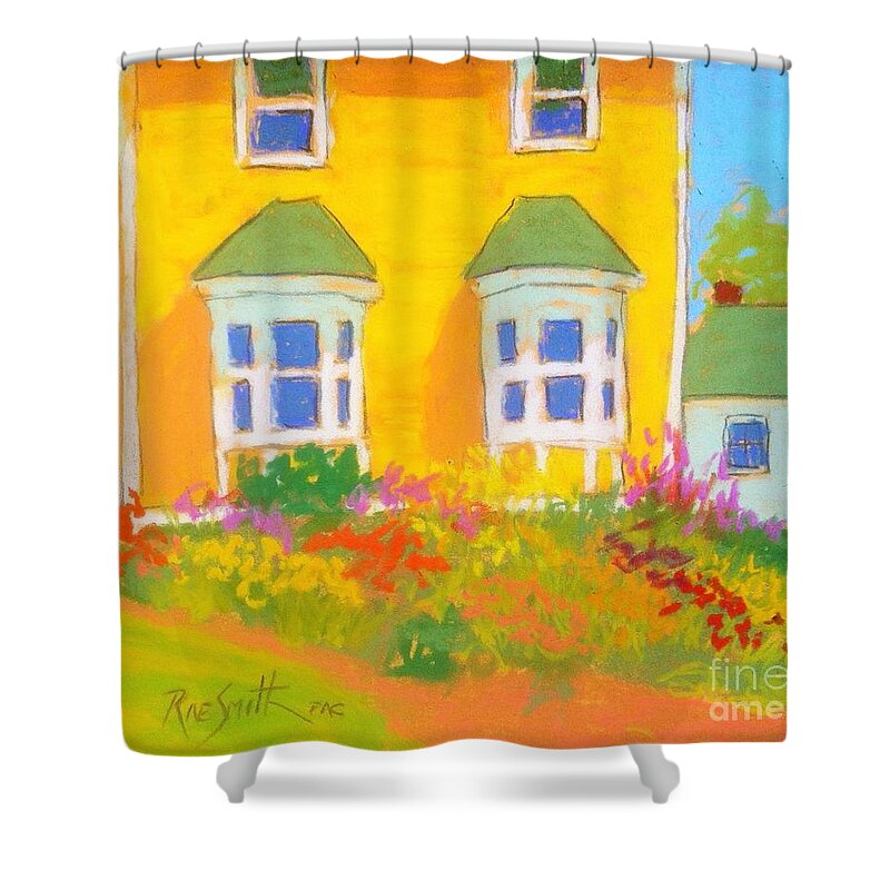 Pastels Shower Curtain featuring the pastel Yellow House Garden by Rae Smith PAC
