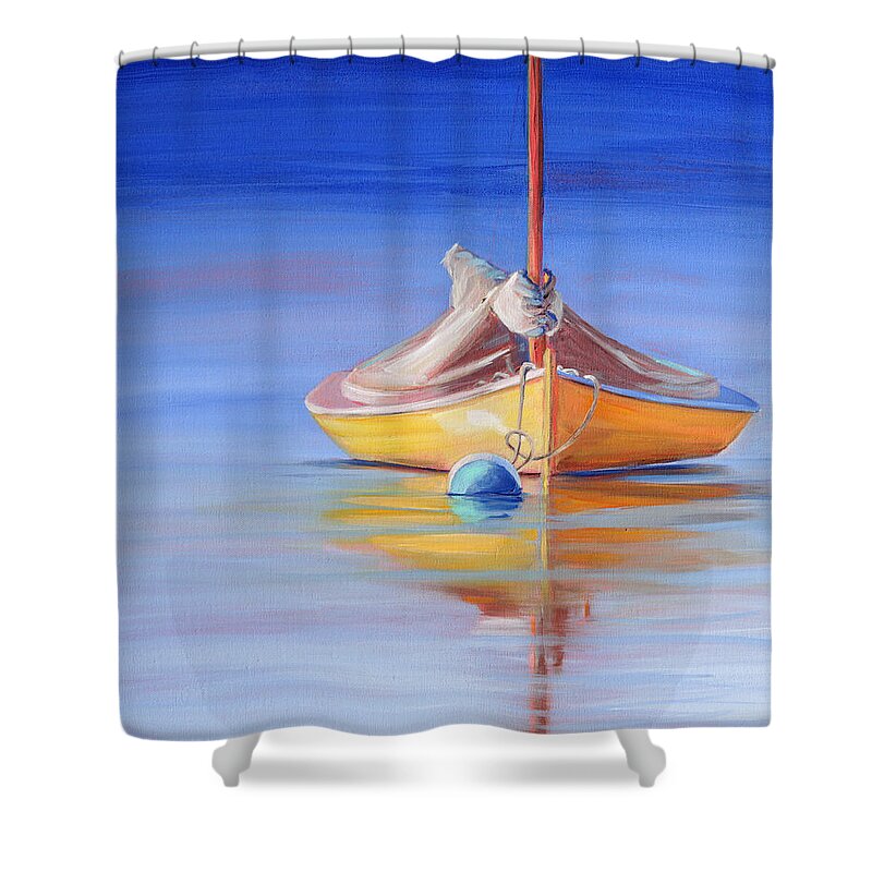 Vineyard Colors Shower Curtain featuring the painting Yellow Hull Sailboat IV by Trina Teele