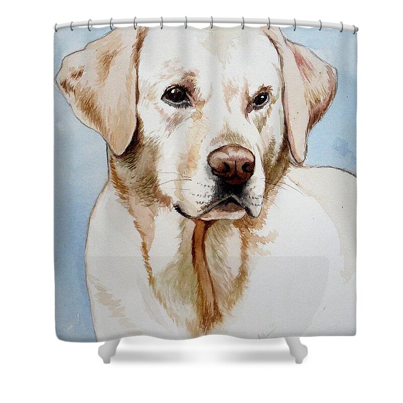 Lab Shower Curtain featuring the painting Yellow Lab by Christopher Shellhammer