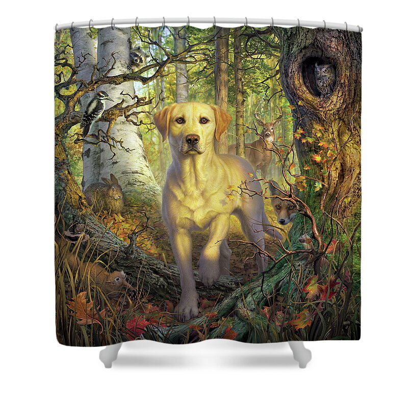 Labrador Shower Curtain featuring the digital art Yellow Lab in Fall by Mark Fredrickson