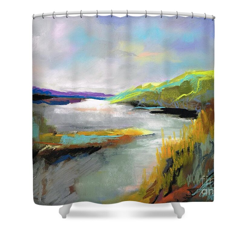 Landscapes Shower Curtain featuring the painting Yellow Mountain by Frances Marino
