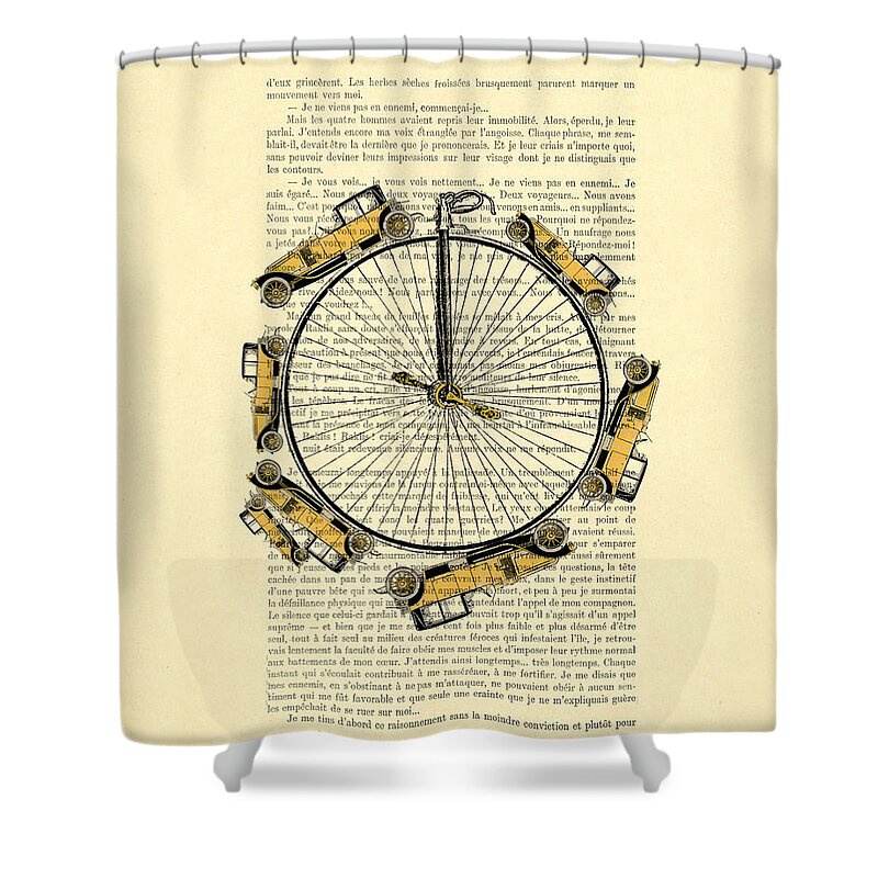 Car Shower Curtain featuring the digital art Yellow oldtimers on a bicycle wheel antique illustration on book page by Madame Memento
