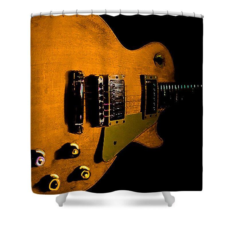 Guitar Shower Curtain featuring the digital art Yellow Relic Guitar Hover Series by Guitarwacky Fine Art