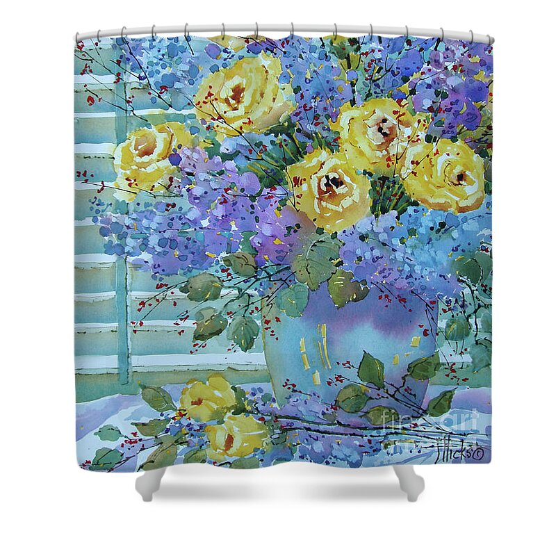 Floral Shower Curtain featuring the painting Yellow Roses and Lilacs by Joyce Hicks