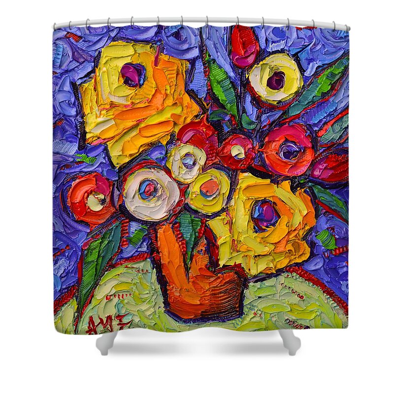 Rose Shower Curtain featuring the painting YELLOW ROSES AND WILDFLOWERS abstract impressionist impasto knife oil painting by ANA MARIA EDULESCU by Ana Maria Edulescu