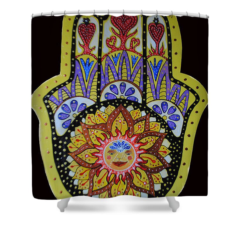 Yellow Hamsa Shower Curtain featuring the painting Yellow Sun by Patricia Arroyo