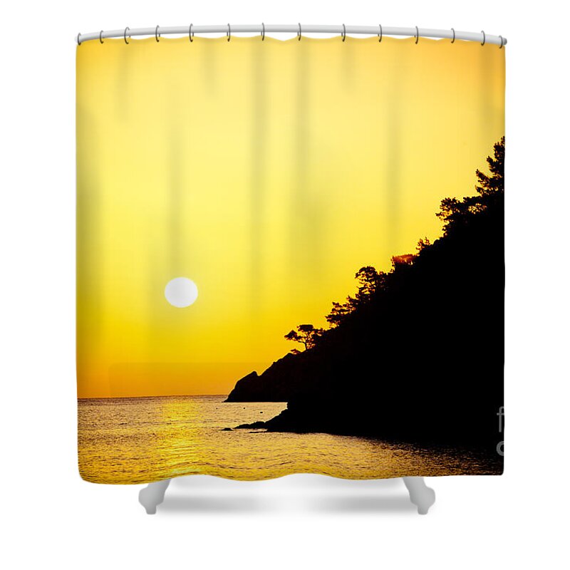 Water Shower Curtain featuring the photograph Yellow Sunrise seascape and sun Artmif by Raimond Klavins
