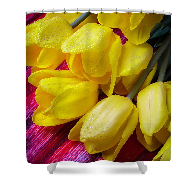 Yellow Shower Curtain featuring the photograph Yellow Tulips With Dew Drops by Garry Gay