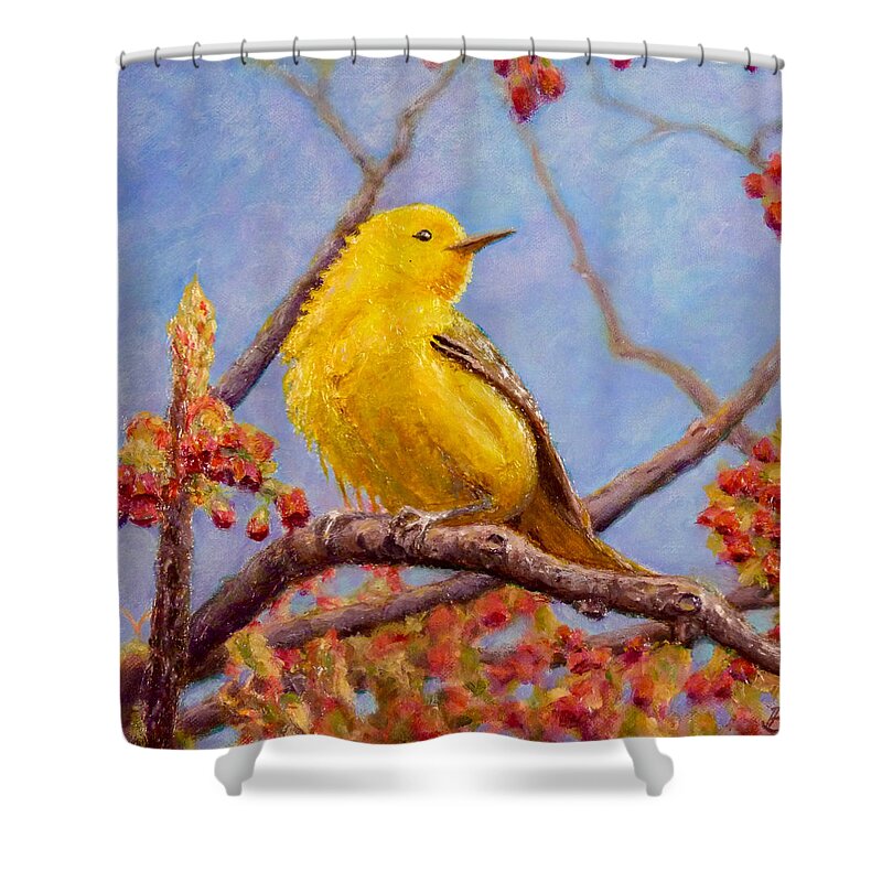 Birds Shower Curtain featuring the painting Yellow Warbler by Joe Bergholm