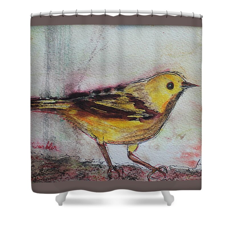 Songbird Shower Curtain featuring the painting Yellow Warbler by Ruth Kamenev