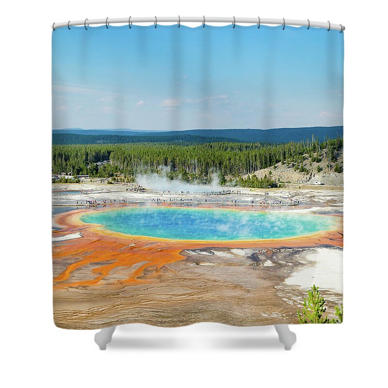 Grand Prismatic Spring Shower Curtain featuring the photograph Yellowstone Grand Prismatic Spring by Andy Myatt