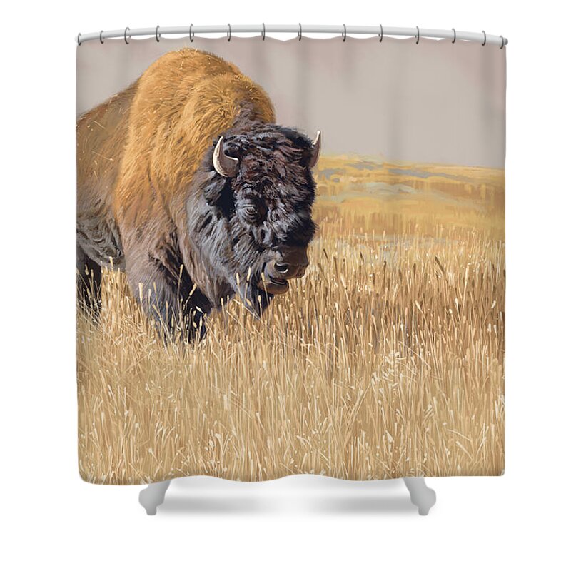 Bison Shower Curtain featuring the digital art Yellowstone King by Aaron Blaise