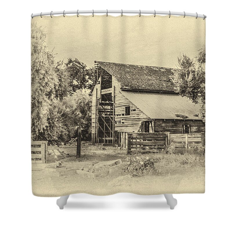Buildings. Deteriorating Shower Curtain featuring the photograph Yesterdays Barn by Susan Eileen Evans