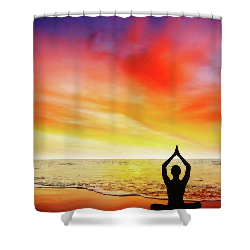 Beach Shower Curtain featuring the photograph Yoga at sunset by Paulo Goncalves