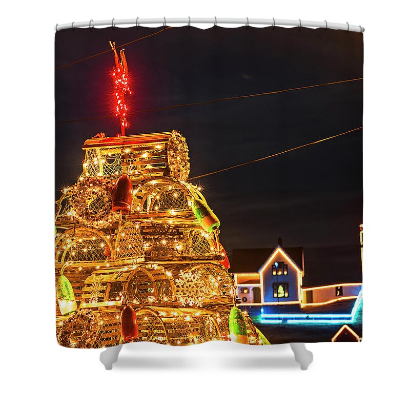 York Shower Curtain featuring the photograph York ME Nubble Lighthouse Lobster Trap Christmas Tree Cape Neddick by Toby McGuire