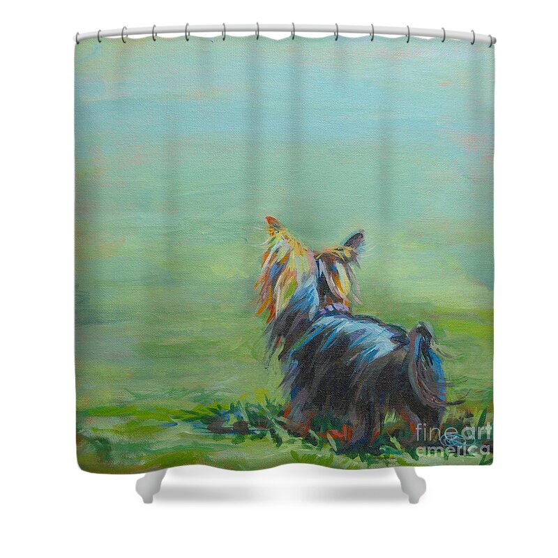 Yorkshire Terrier Shower Curtain featuring the painting Yorkie in the Grass by Kimberly Santini