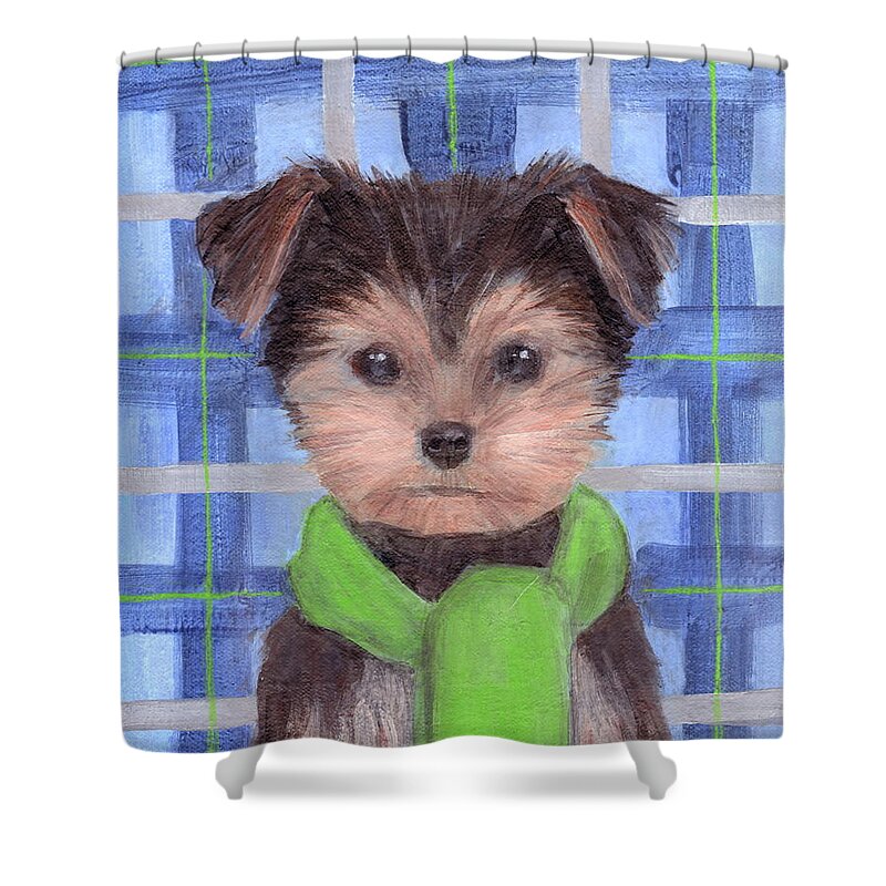 Yorkie Poo With Scarf Shower Curtain featuring the painting Yorkie Poo with Scarf by Kazumi Whitemoon