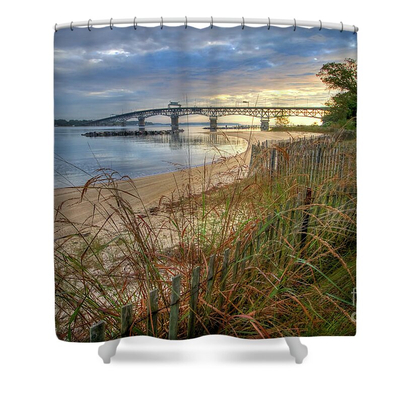 Yorktown Shower Curtain featuring the photograph Yorktown Beach Sunrise Virginia by Karen Jorstad