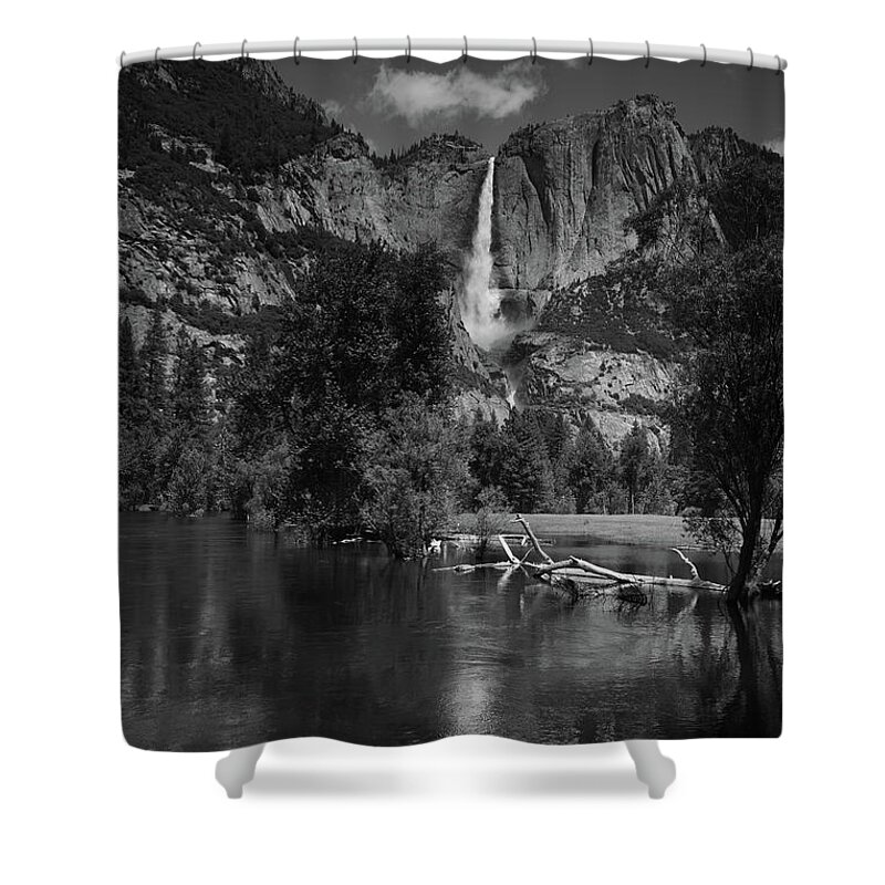 Yosemite Falls From Swinging Bridge Shower Curtain featuring the photograph Yosemite Falls from Swinging Bridge in Black and White by Raymond Salani III